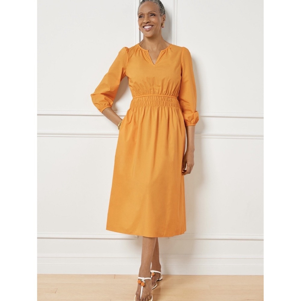Talbots Smocked Poplin Midi Dress Size 10 Marigold Yellow Split Neck NWT